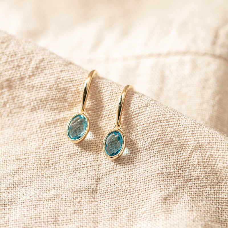 9ct Yellow Gold Blue Topaz Sandalwood Earrings-Earrings-Walker & Hall