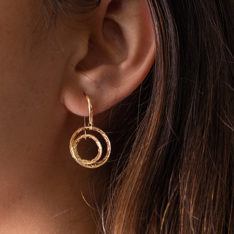 14ct Yellow Gold Textured Circle Hook Earrings-Earrings-Walker & Hall