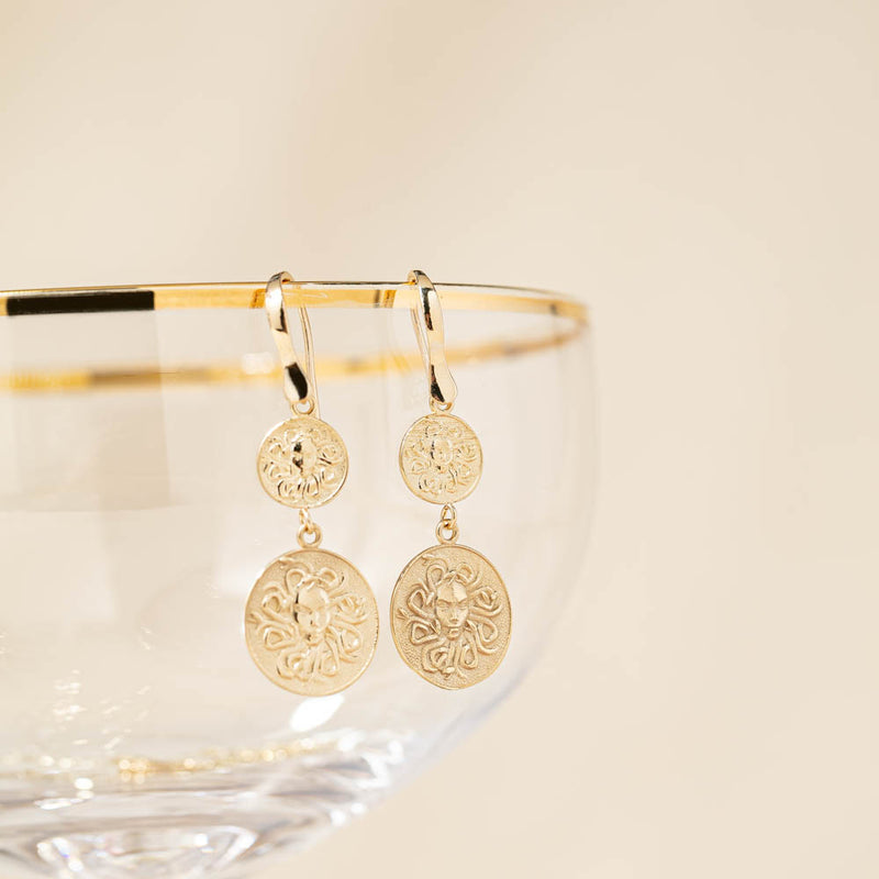 14ct Yellow Gold Medusa Drop Earrings-Earrings-Walker & Hall