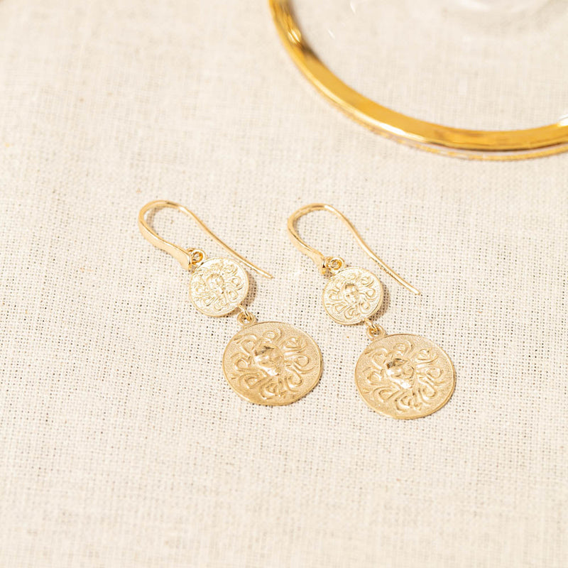 14ct Yellow Gold Medusa Drop Earrings-Earrings-Walker & Hall