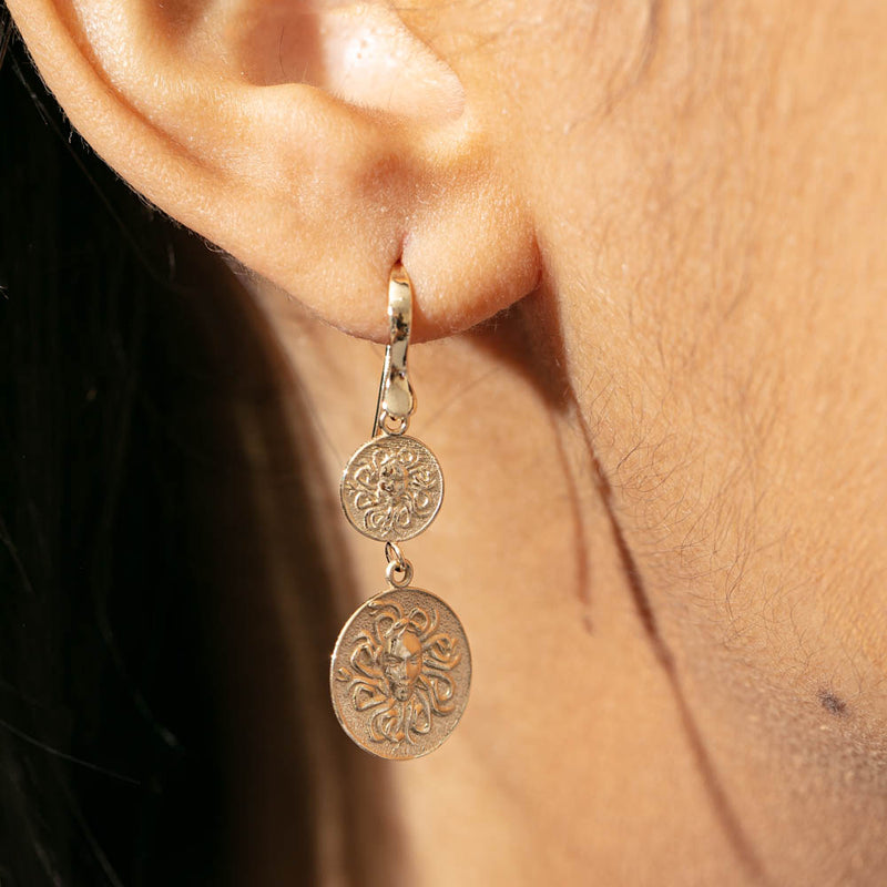 14ct Yellow Gold Medusa Drop Earrings-Earrings-Walker & Hall