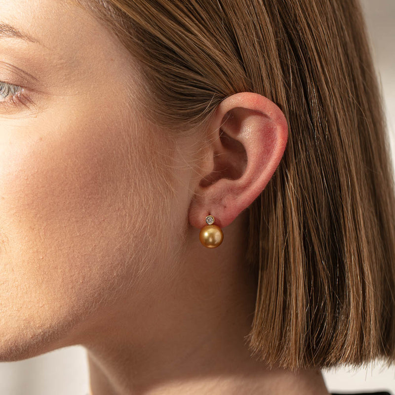 18ct Yellow Gold Golden Pearl & Diamond Earrings-Earrings-Walker & Hall