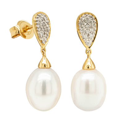 9ct Yellow Gold Pearl & Diamond Earrings-Earrings-Walker & Hall