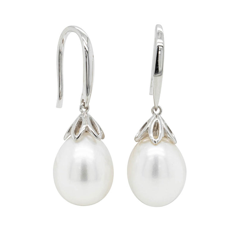 9ct White Gold Petal Drop Pearl Earrings-Earrings-Walker & Hall