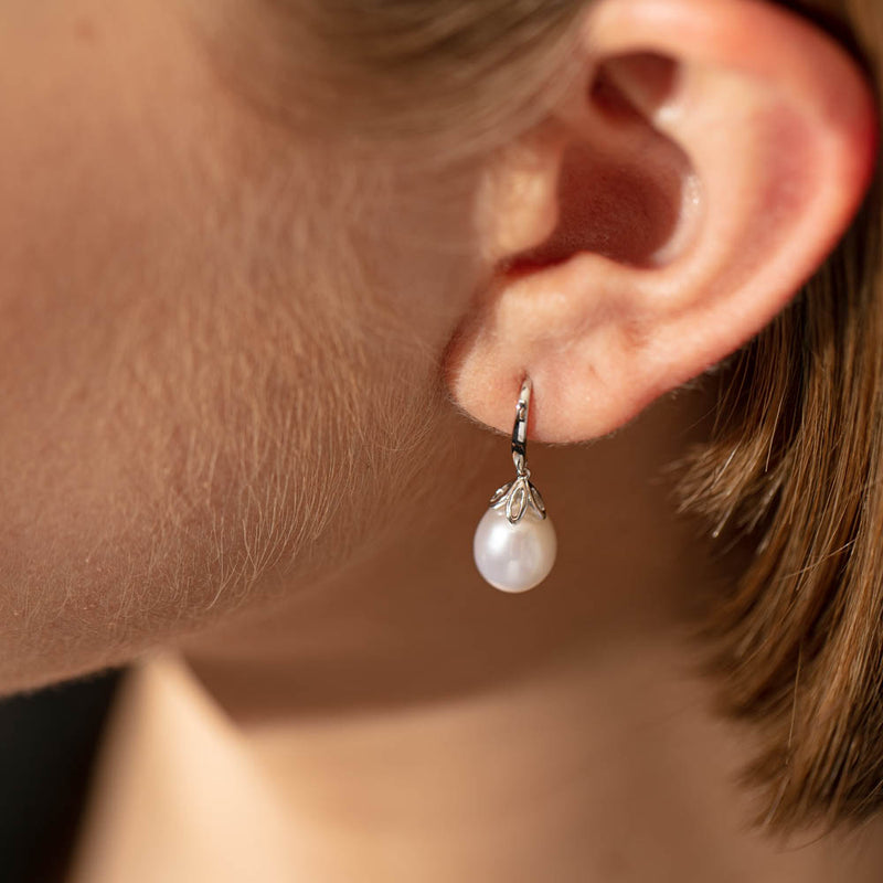 9ct White Gold Petal Drop Pearl Earrings-Earrings-Walker & Hall
