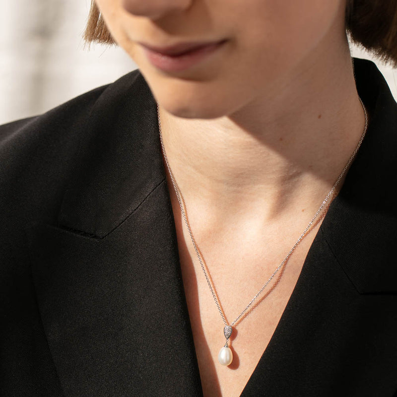 9ct White Gold Pearl & Diamond Pendant-Necklace-Walker & Hall