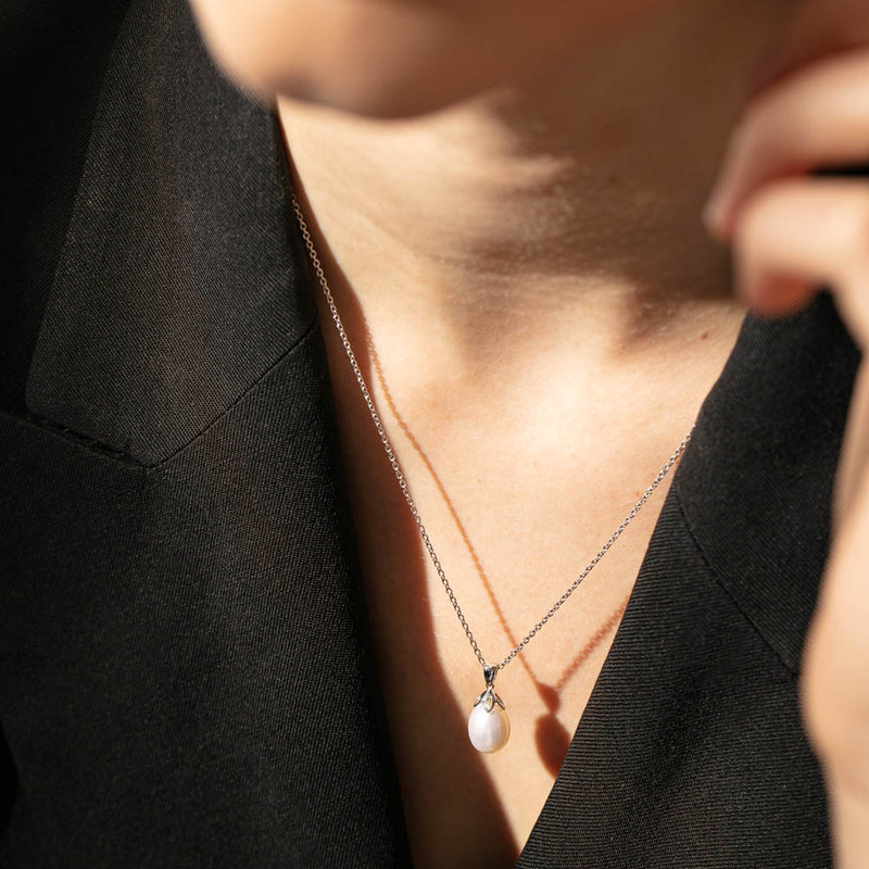 9ct White Gold Freshwater Pearl Petal Pendant-Necklace-Walker & Hall