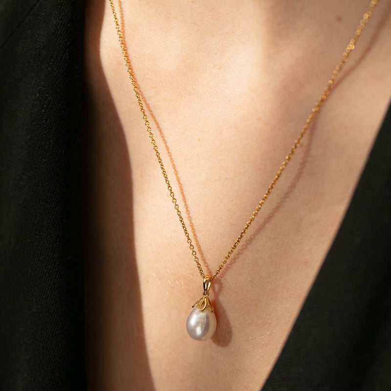 9ct Yellow Gold Freshwater Pearl Petal Pendant-Necklace-Walker & Hall