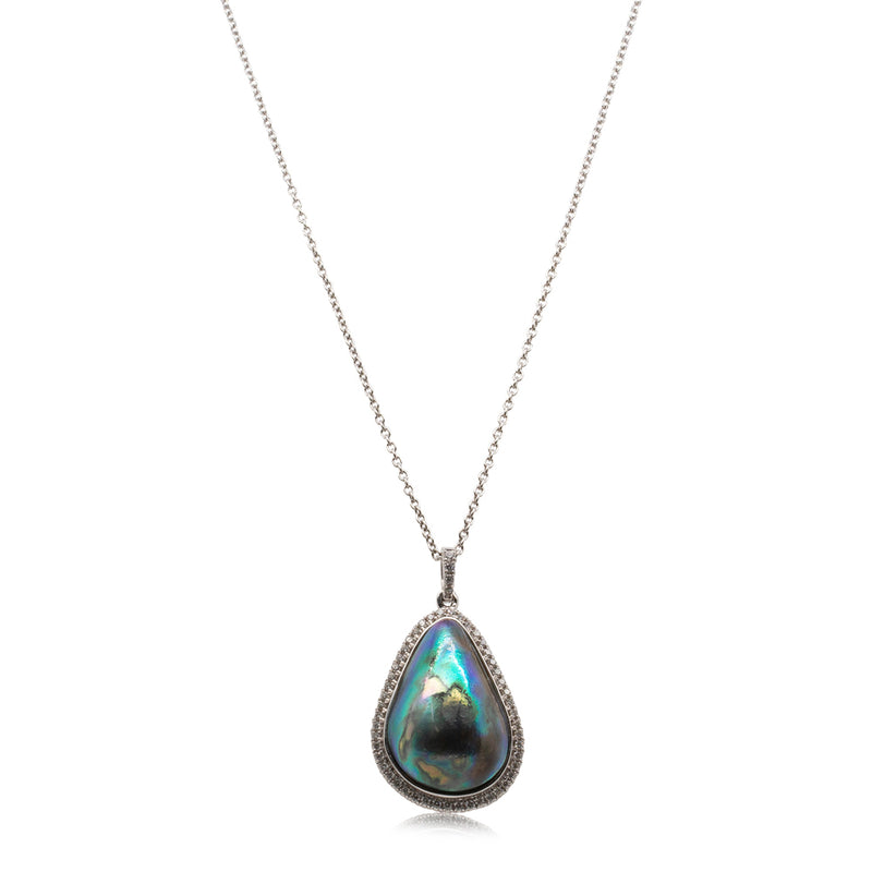 18ct White Gold Paua Pearl & Diamond Pendant-Necklace-Walker & Hall