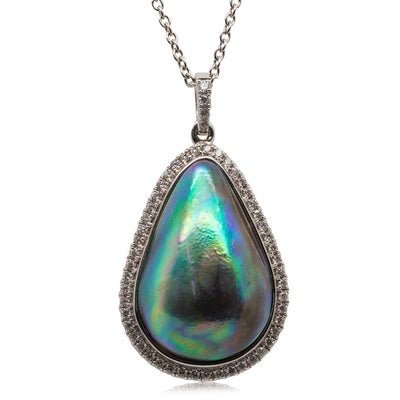 18ct White Gold Paua Pearl & Diamond Pendant-Necklace-Walker & Hall