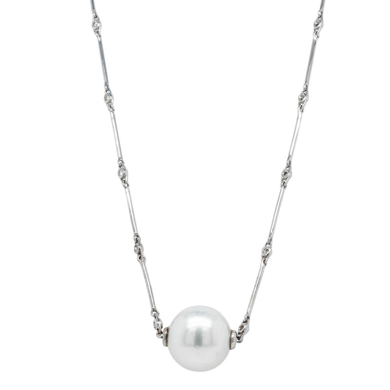 18ct White Gold South Sea Pearl & Diamond Pendant With Chain-Necklace-Walker & Hall