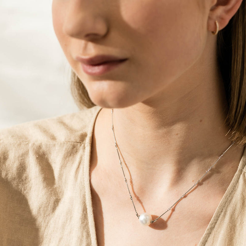 18ct White Gold South Sea Pearl & Diamond Pendant With Chain-Necklace-Walker & Hall