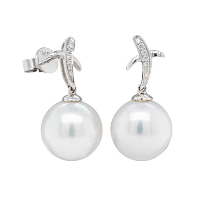 18ct White Gold South Sea Pearl & Diamond Kiss Earrings-Earrings-Walker & Hall