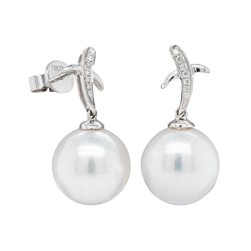 18ct White Gold South Sea Pearl & Diamond Kiss Earrings-Earrings-Walker & Hall
