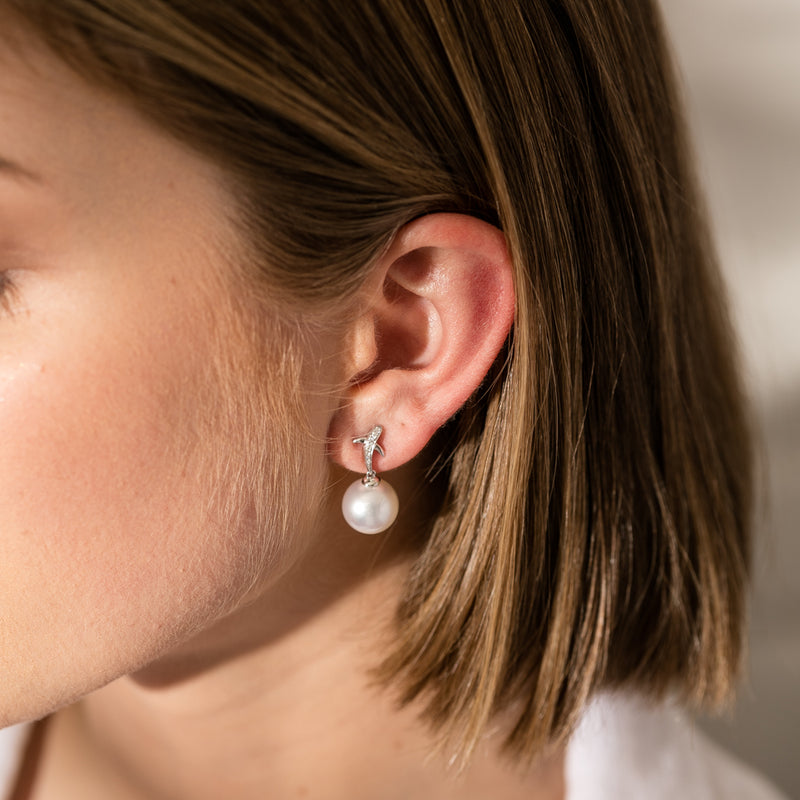 18ct White Gold South Sea Pearl & Diamond Kiss Earrings-Earrings-Walker & Hall