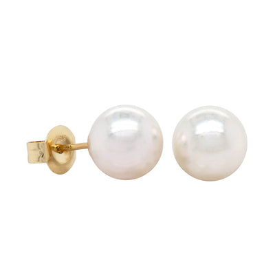 9ct Yellow Gold Akoya Pearl Studs - 8mm-Earrings-Walker & Hall