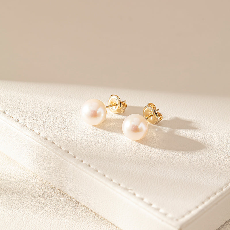 9ct Yellow Gold Akoya Pearl Studs - 8mm-Earrings-Walker & Hall