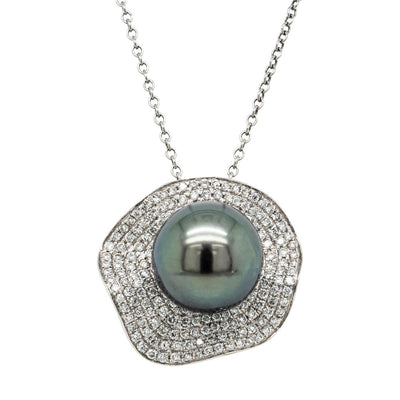 18ct White Gold Tahitian Black Pearl & Diamond Pendant-Necklace-Walker & Hall