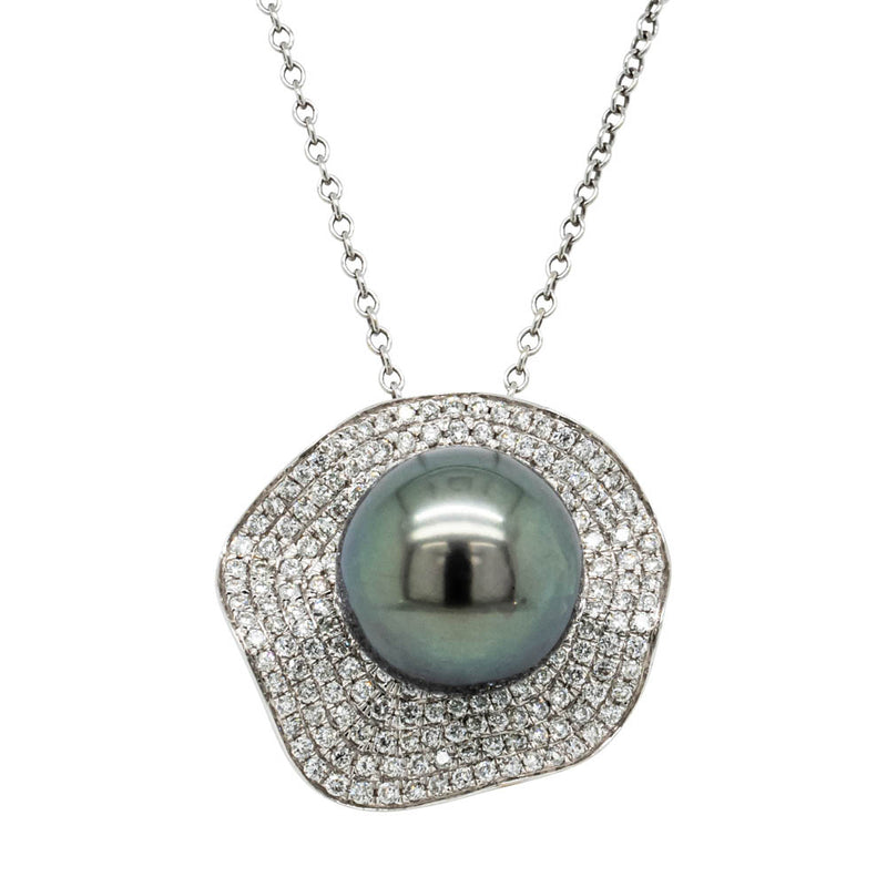 18ct White Gold Tahitian Black Pearl & Diamond Pendant-Necklace-Walker & Hall