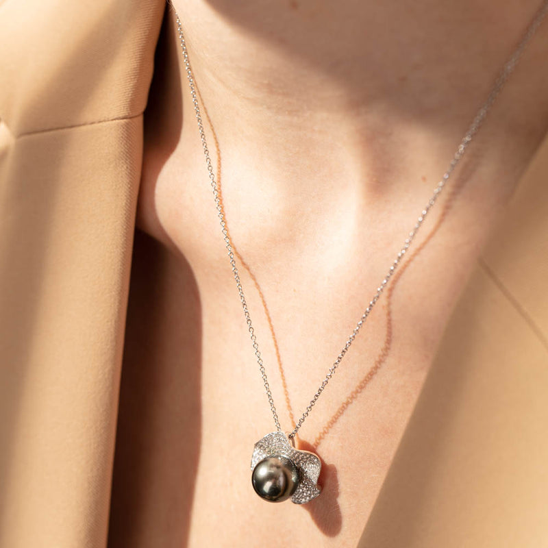 18ct White Gold Tahitian Black Pearl & Diamond Pendant-Necklace-Walker & Hall