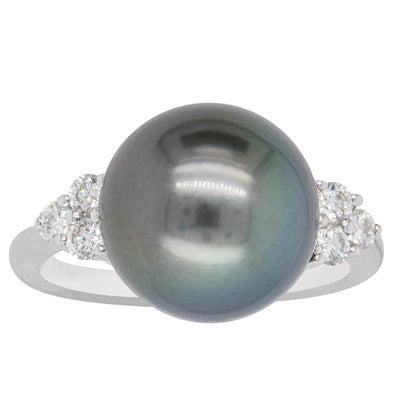 18ct White Gold Tahitian Black Pearl & Diamond Ring-Ring-Walker & Hall