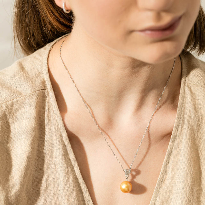 18ct White Gold Golden Pearl & Diamond Pendant-Necklace-Walker & Hall
