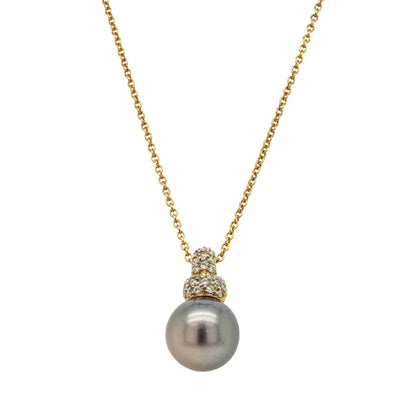 18ct Yellow Gold Black Pearl & Diamond Pendant-Necklace-Walker & Hall