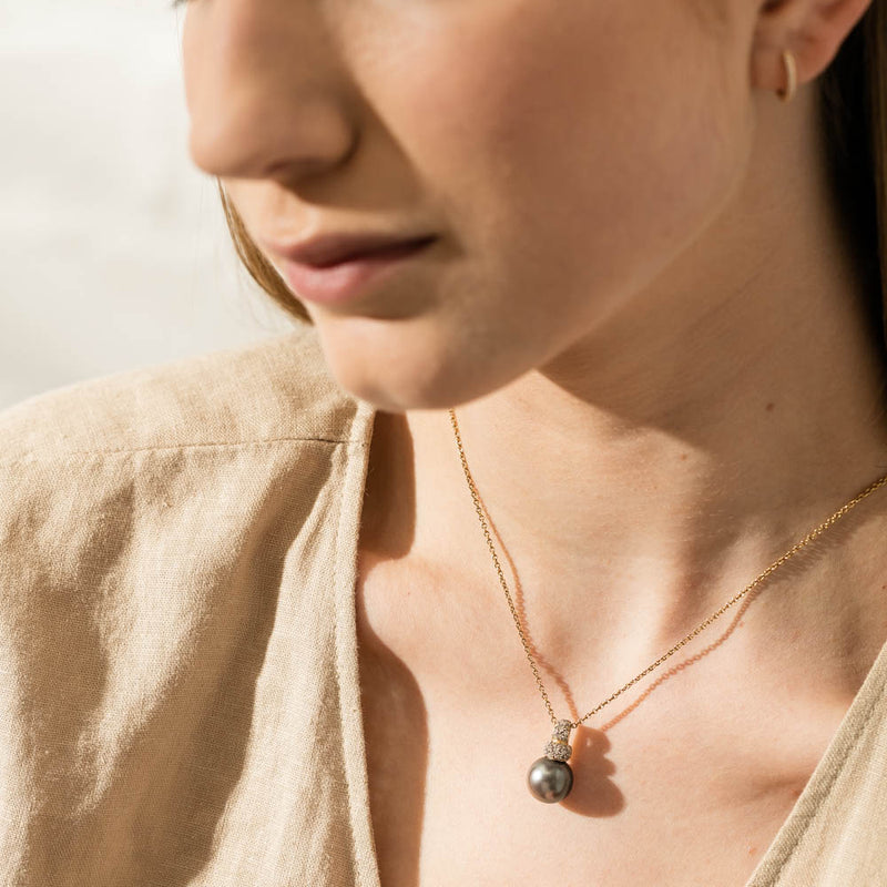 18ct Yellow Gold Black Pearl & Diamond Pendant-Necklace-Walker & Hall