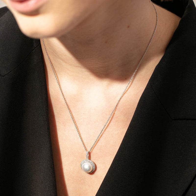 18ct White Gold South Sea Pearl & Diamond Halo Pendant-Necklace-Walker & Hall