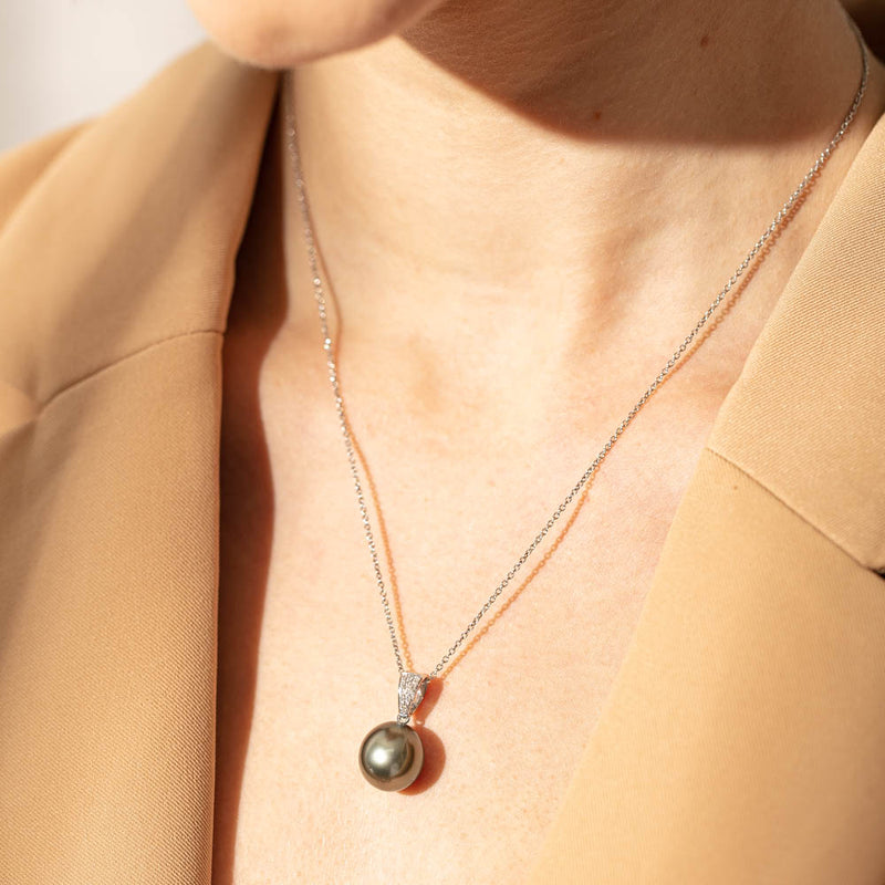 18ct White Gold Tahitian Black Pearl & Diamond Necklace-Necklace-Walker & Hall