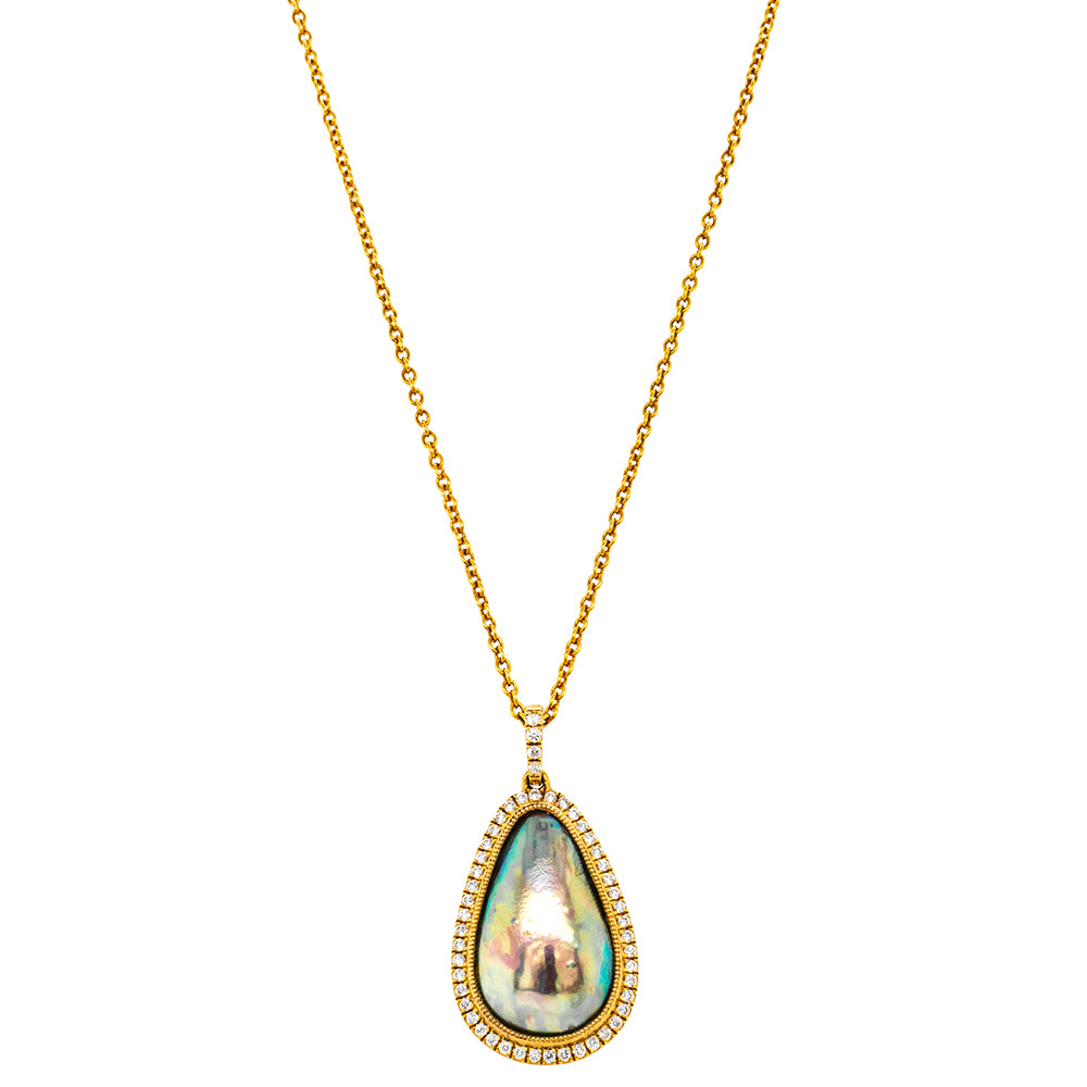 18ct Yellow Gold Paua Pearl & Diamond Pendant-Necklace-Walker & Hall