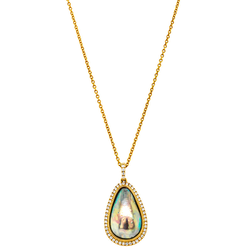 18ct Yellow Gold Paua Pearl & Diamond Pendant-Necklace-Walker & Hall