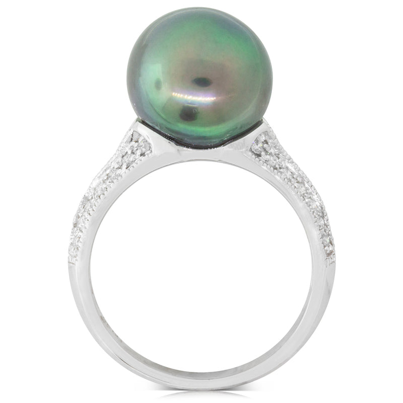 18ct White Gold Black Pearl & Diamond Ring-Ring-Walker & Hall