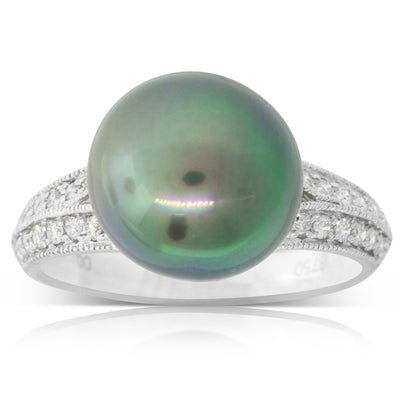 18ct White Gold Black Pearl & Diamond Ring-Ring-Walker & Hall