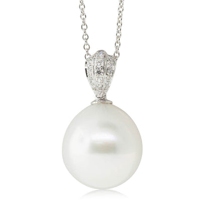 18ct White Gold South Sea Pearl & Diamond Pendant-Necklace-Walker & Hall
