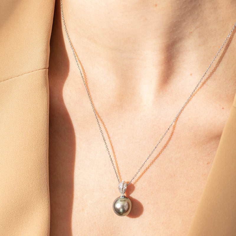 18ct White Gold Black Pearl & Diamond Necklace-Necklace-Walker & Hall