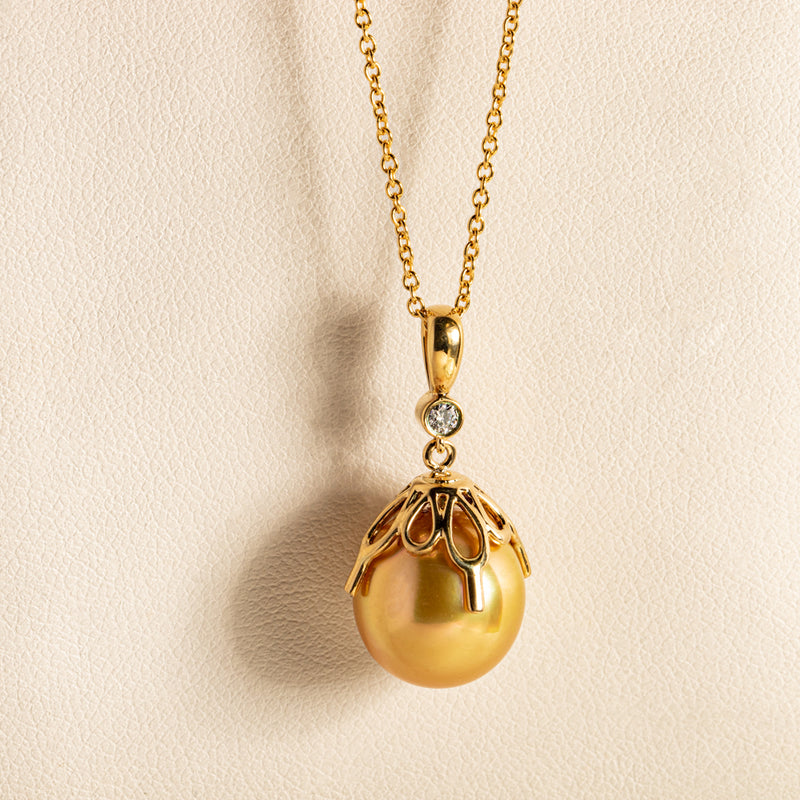 18ct Yellow Gold Golden Pearl & Diamond Octavia Pendant-Necklace-Walker & Hall