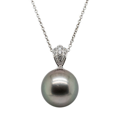 18ct White Gold Black Pearl & Diamond Pendant-Necklace-Walker & Hall