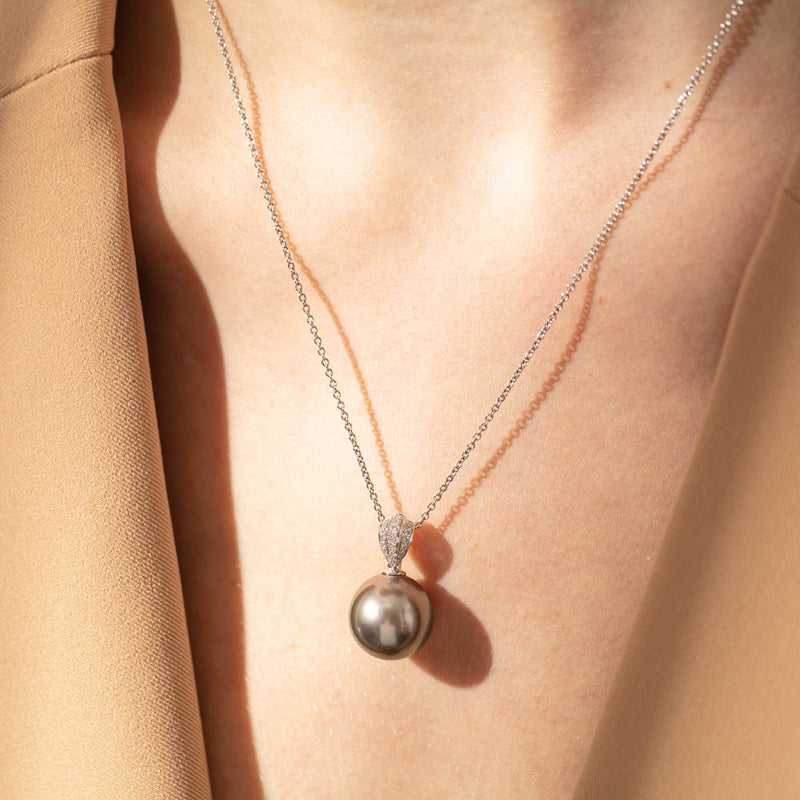 18ct White Gold Black Pearl & Diamond Pendant-Necklace-Walker & Hall