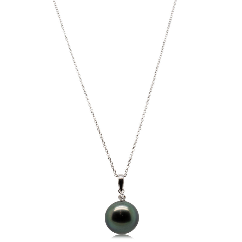 18ct White Gold Black Pearl & Diamond Pendant-Necklace-Walker & Hall