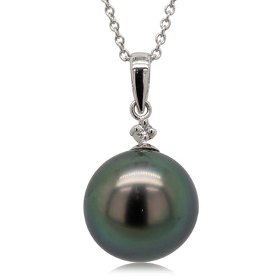 18ct White Gold Black Pearl & Diamond Pendant-Necklace-Walker & Hall