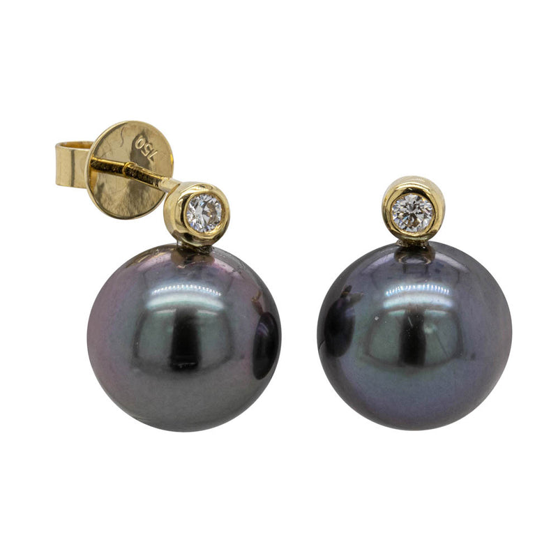 18ct Yellow Gold Black Pearl & Diamond Earrings-Earrings-Walker & Hall