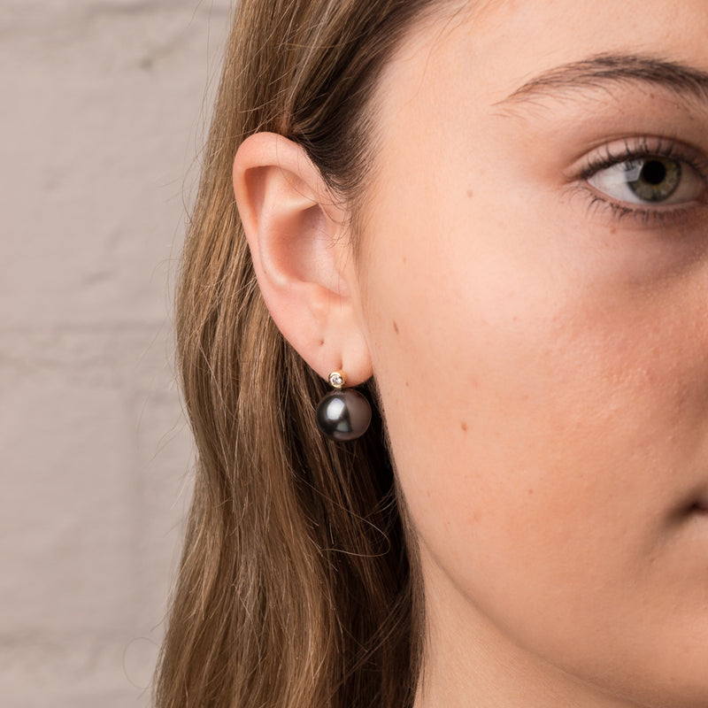 18ct Yellow Gold Black Pearl & Diamond Earrings-Earrings-Walker & Hall