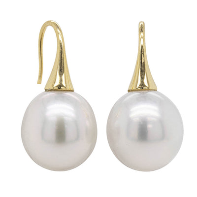 18ct Yellow Gold Oval South Sea Pearl Drop Earrings-Earrings-Walker & Hall