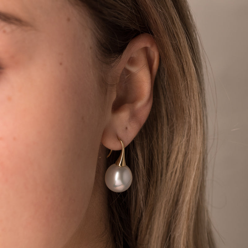 18ct Yellow Gold Oval South Sea Pearl Drop Earrings-Earrings-Walker & Hall