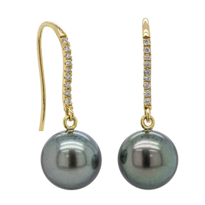 18ct Yellow Gold Tahitian Black Pearl & Diamond Earrings-Earrings-Walker & Hall