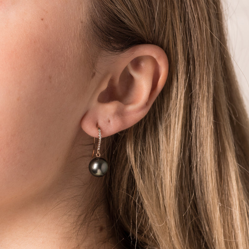 18ct Rose Gold Tahitian Black Pearl & Diamond Earrings-Earrings-Walker & Hall