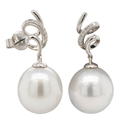 18ct White Gold South Sea Pearl & Diamond Earrings-Earrings-Walker & Hall