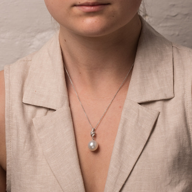18ct White Gold South Sea Pearl & Diamond Pendant-Necklace-Walker & Hall