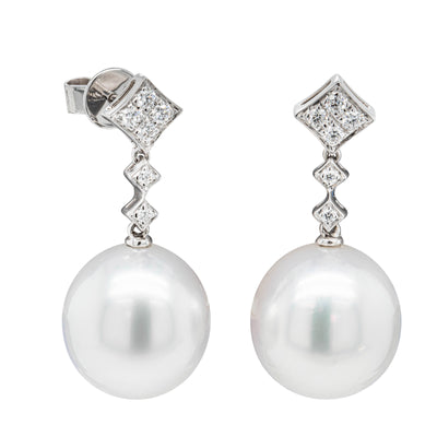 18ct White Gold South Sea Pearl & Diamond Drop Earrings-Earrings-Walker & Hall